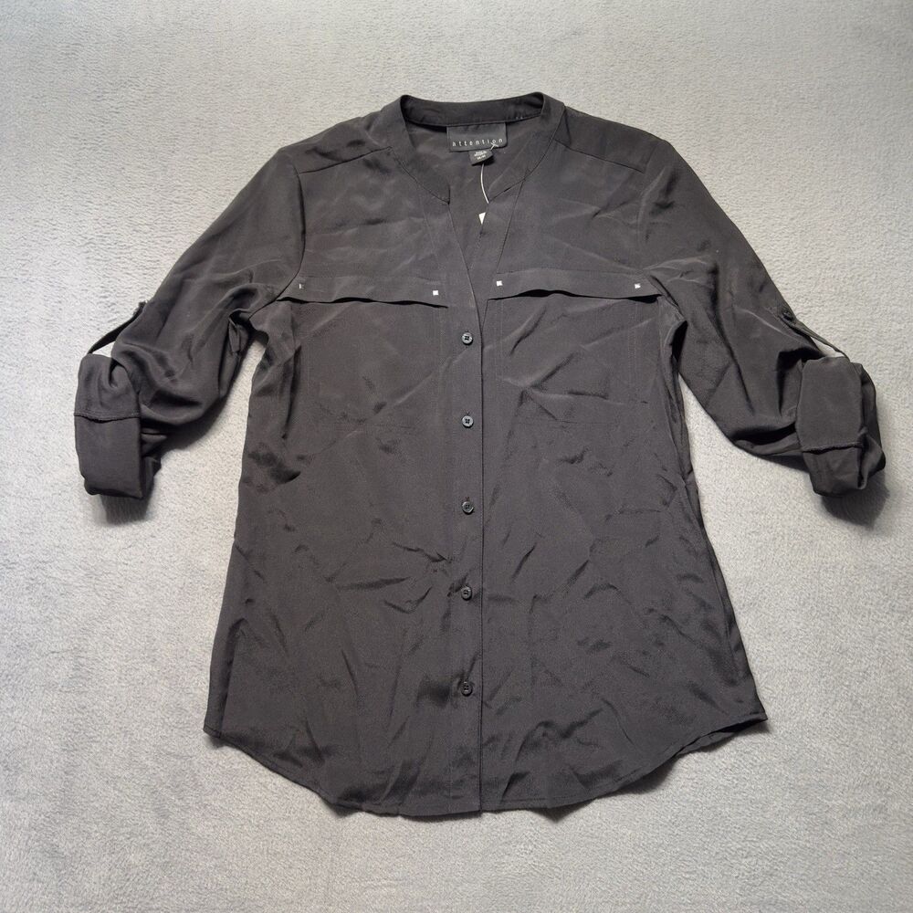 Attention Womens XS Roll Tab Sleeve Blouse Black Career Office Button Up Top NWT